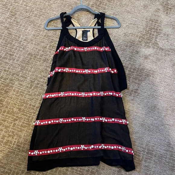 Black tank dress, With red ribbon sequins and pearls stripes - Picture 5 of 7